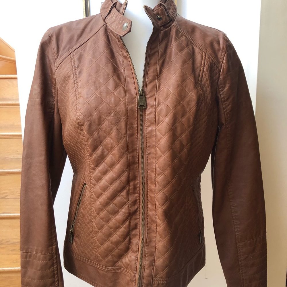 GUESS Faux Leather Cognac Moto Jacket